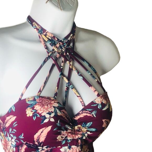 Ambrielle Size Large Burgundy Floral Strappy Bikini Top - Picture 6 of 13